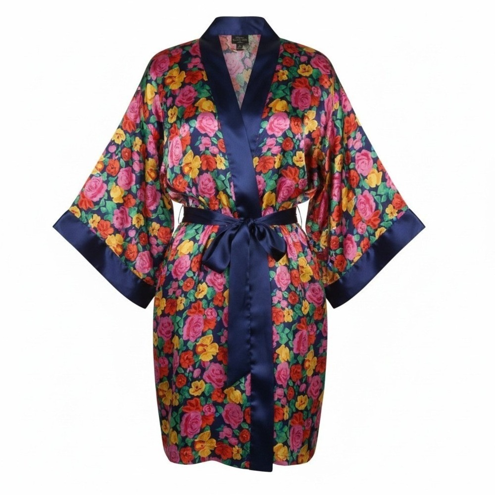 Vintage Victorias Secret Gold Label Floral Kimono Robe Navy Blue One Size 90s‎